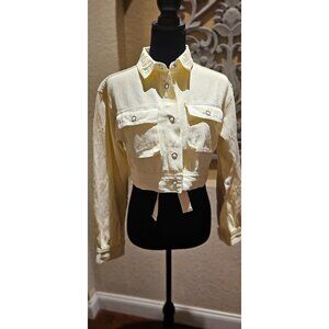 Fashion Nova Butter Yellow Cropped Cream Denim M Jacket  Adjustable Waist